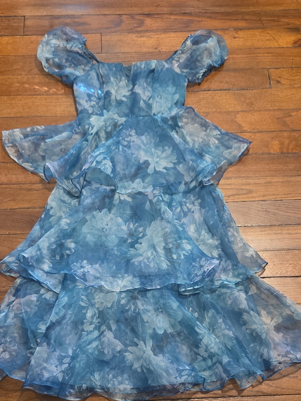 Lulu's Blue Floral Tiered Midi Dress with Puff Sleeves